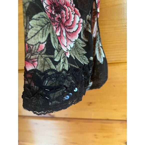 VTG Womens Sequin Stretchy Floral Shirt 18/20 Black Y2K  V-Neck Roses - Picture 2 of 4